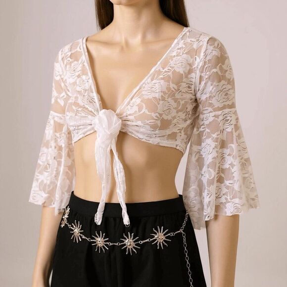 Wild Time Fashion Sweaters - White V Neck Floral Lace Bell Sleeve Front Tie Cropped Cardigan NWT